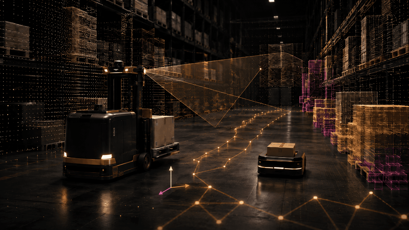 Two mobile robots moving along a racking aisle with their paths drawn as a connected mesh.