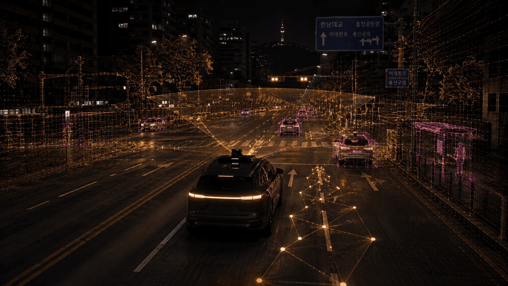 Night street scene with a point-cloud overlay and 3D detection boxes around surrounding vehicles.