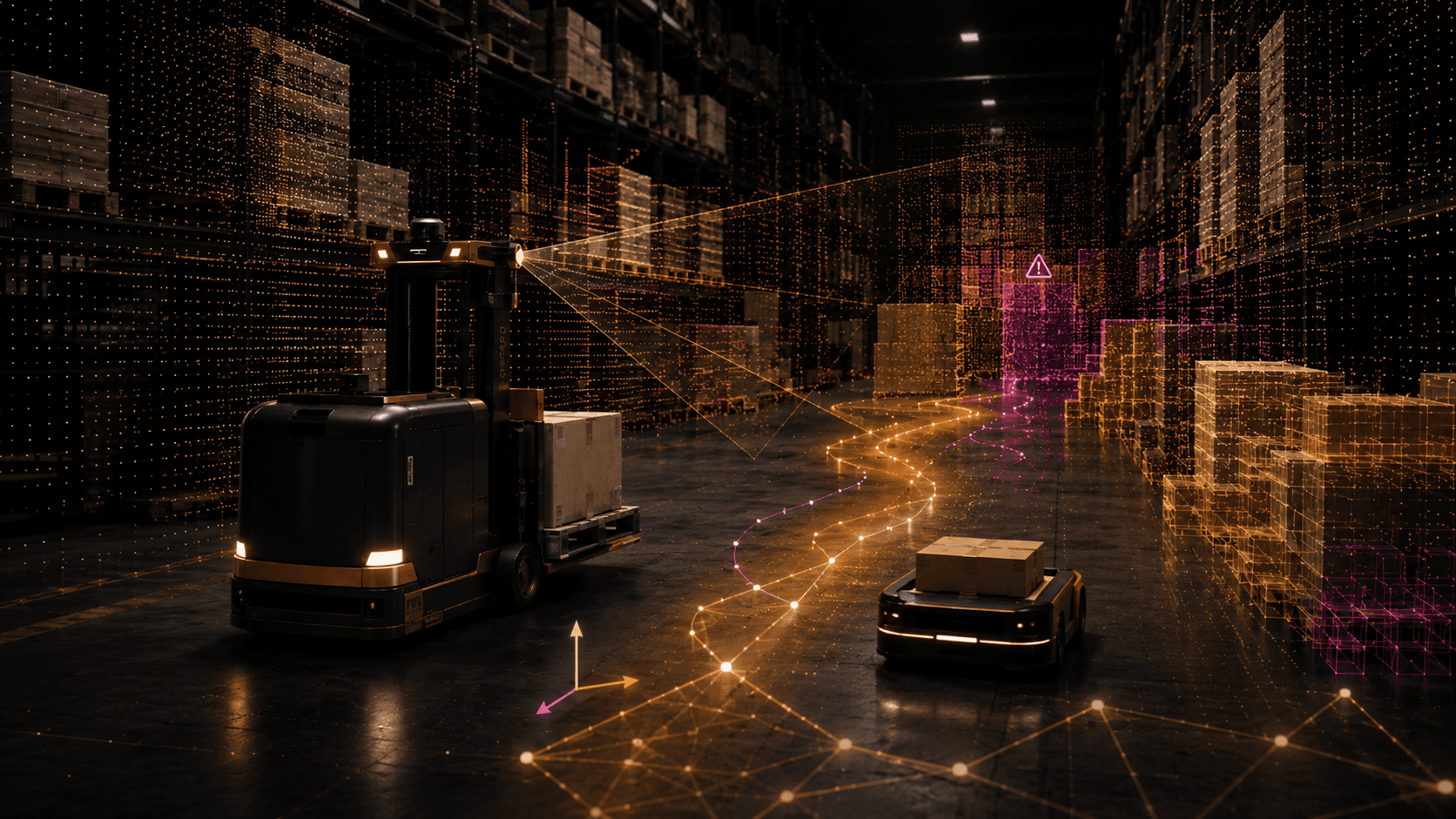 Warehouse aisle with an automated forklift and mobile robots, overlaid with a point-cloud mesh and trajectory.