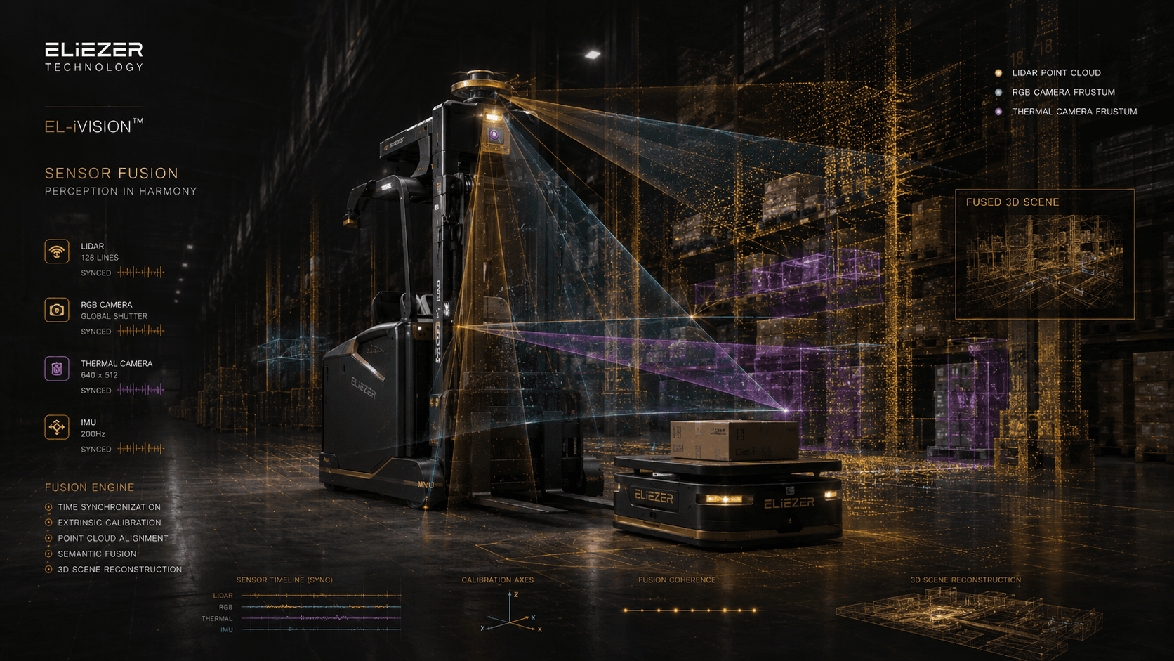 Warehouse scene annotated with a fusion-engine readout across LiDAR, RGB, thermal and inertial sensors.